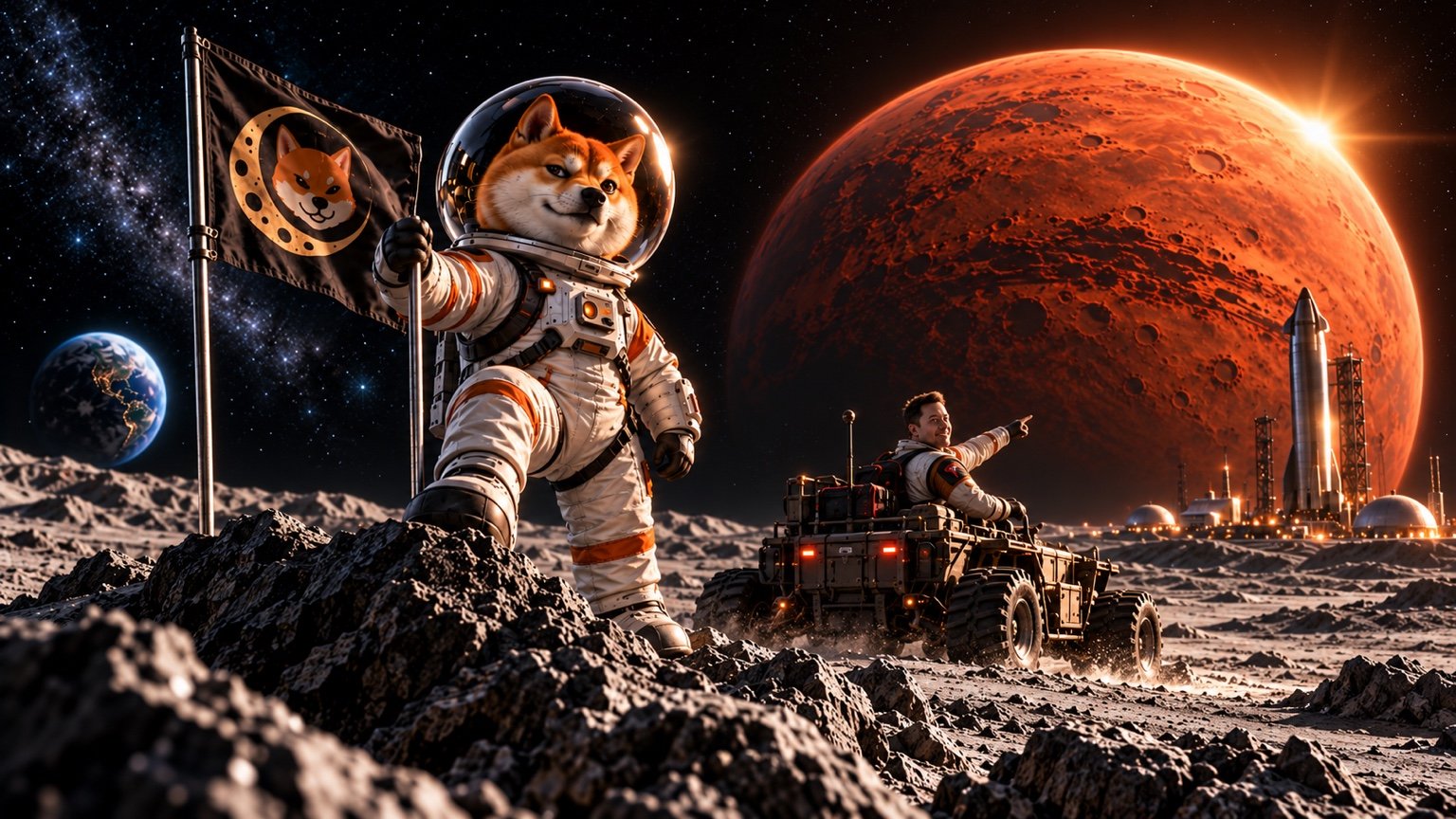 LUNABORKO plants his flag on grey lunar terrain; Mars glows in the distance. A fictional human figure sits in a rover.