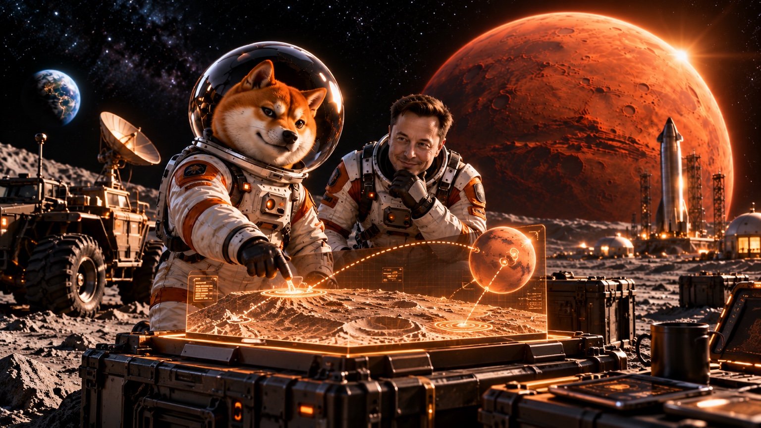 LUNABORKO and a fictional humorous representation of Elon Musk examine a glowing route to Mars on the grey Moon.